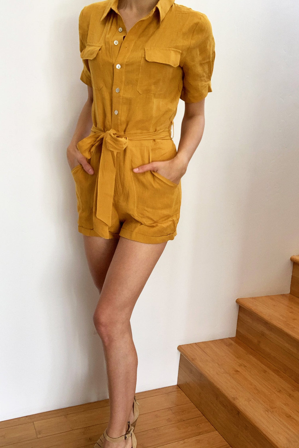 mustard yellow romper dress Honey Belle Size Med Mustard Yellow Wrap Romper Mini Dress Spaghetti Strap