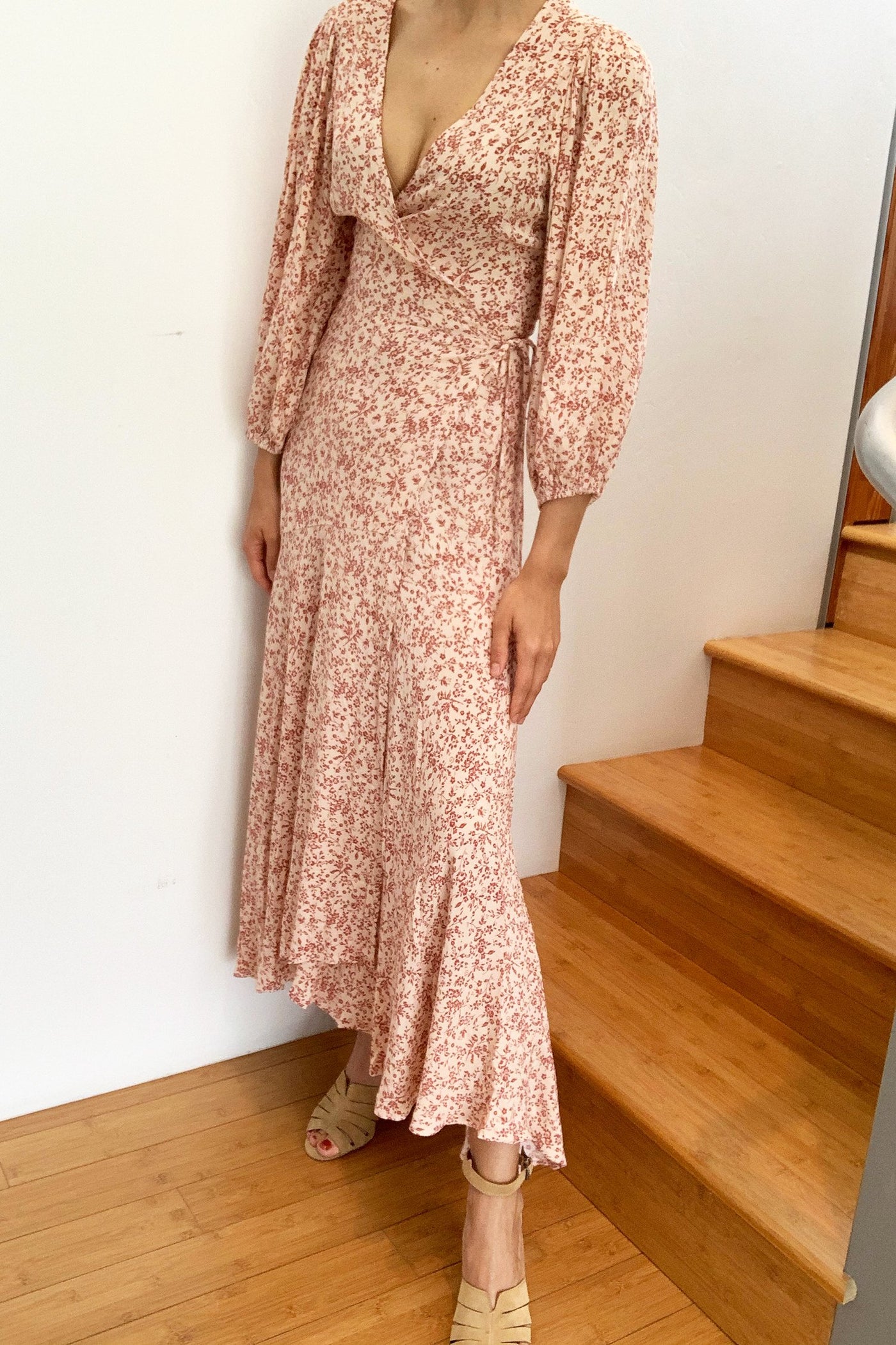 Elegant Cream and Blush factory Floral Wrap Maxi Dress