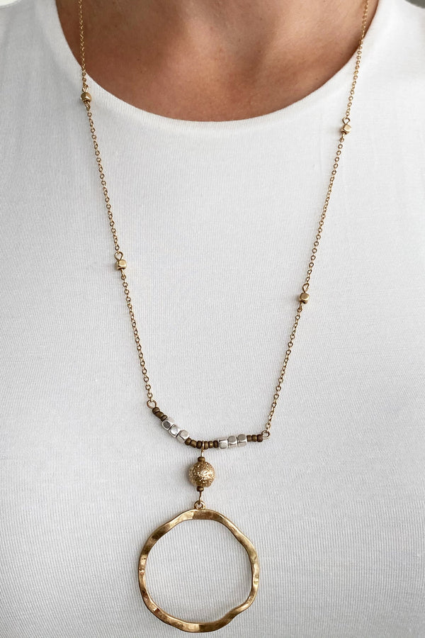 Necklace gold bar sphere and circle medium