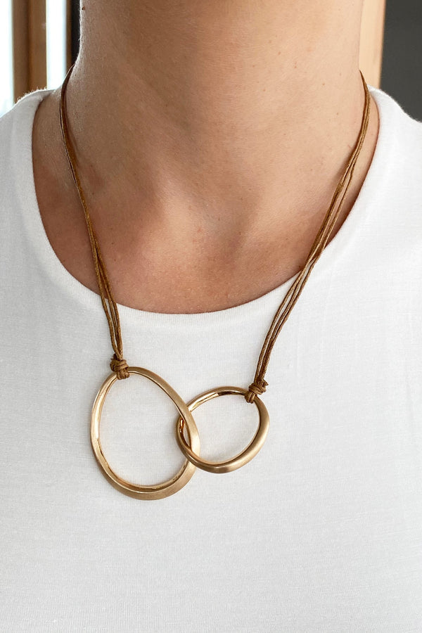 Necklace gold leather dual circles medium
